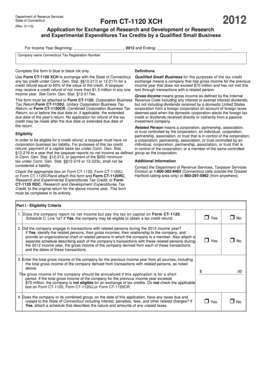 Form Ct-1120 Xch - Application For Exchange Of Research And Development Or Research And Experimental Expenditures Tax Credits By A Qualified Small Business - 2012 Printable pdf