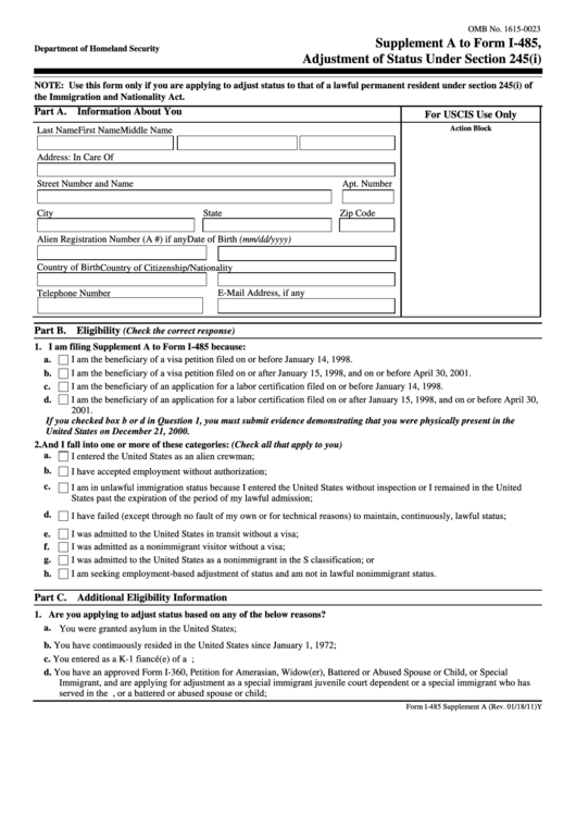 Fillable Form I-485 -U.s. Citizenship Immigration And Service - Department Of Homeland Security Printable pdf