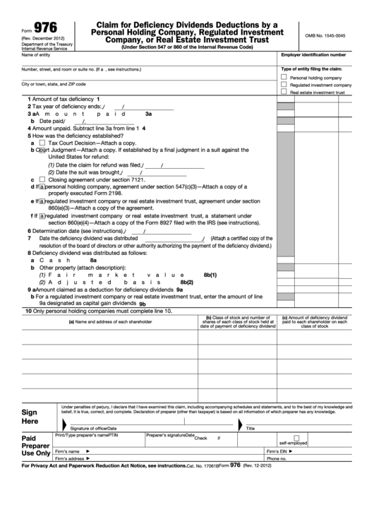 Fillable Form 976 - Claim For Deficiency Dividends Deductions By A Personal Holding Company, Regulated Investment Company, Or Real Estate Investment Trust Printable pdf