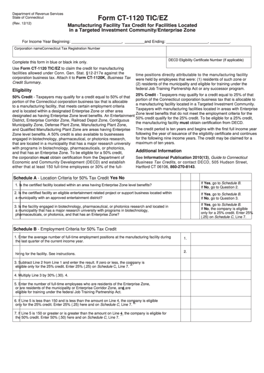 Form Ct-1120 Tic/ez - Manufacturing Facility Tax Credit For Facilities Located In A Targeted Investment Community/enterprise Zone Printable pdf