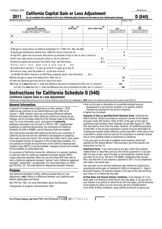 Fillable Form D (540) - California Capital Gain Or Loss Adjustment - 2011 Printable pdf