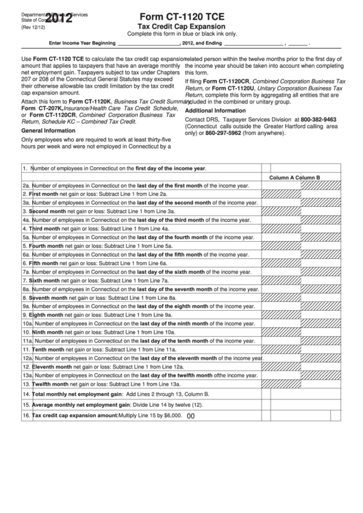 Form Ct-1120 Tce - Tax Credit Cap Expansion - 2012 Printable pdf