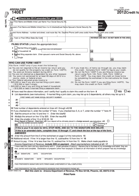 Fillable Arizona Form 140et - Credit For Increased Excise Taxes - 2012 Printable pdf