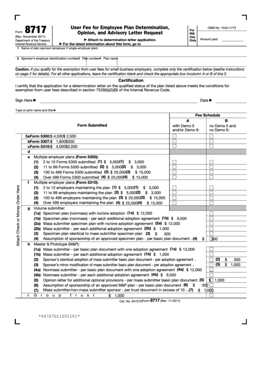 Fillable Form 8717 - User Fee For Employee Plan Determination, Opinion, And Advisory Letter Request Printable pdf