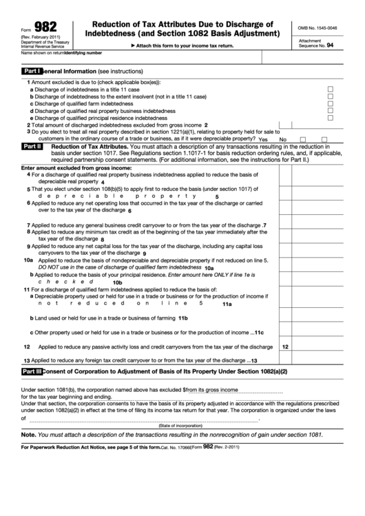 Fillable Form 982 - Reduction Of Tax Attributes Due To Discharge Of Indebtedness (And Section 1082 Basis Adjustment) Printable pdf