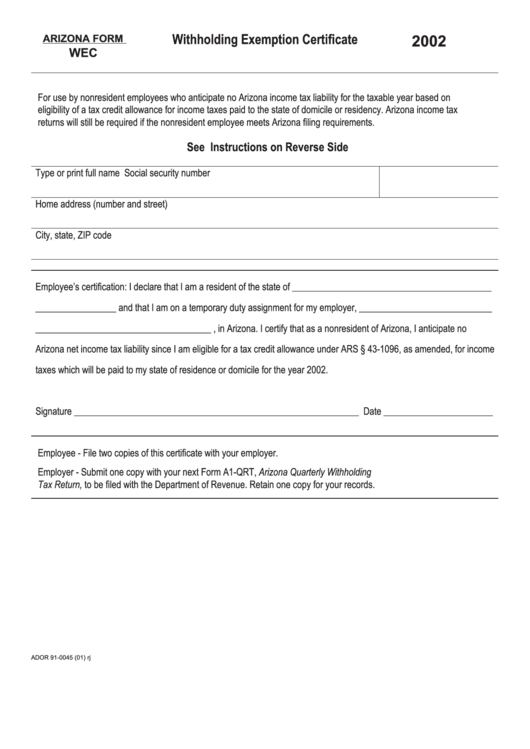 Form Wec - Withholding Exemption Certificate - 2002 Printable pdf