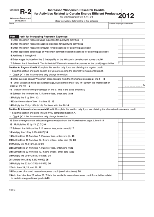 Fillable Scheduler-2 - Increased Wisconsin Research Credits For Activities Related - 2012 Printable pdf