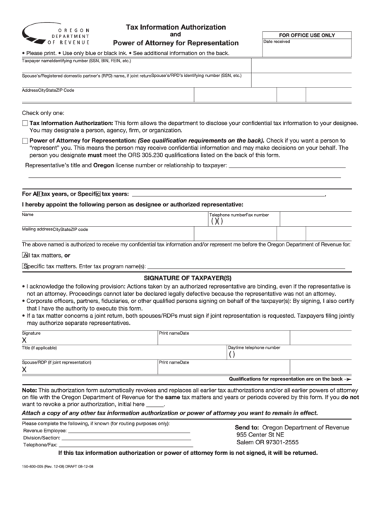 Form 150-800-005 Draft - Tax Information Authorization And Power Of Attorney For Representation Printable pdf