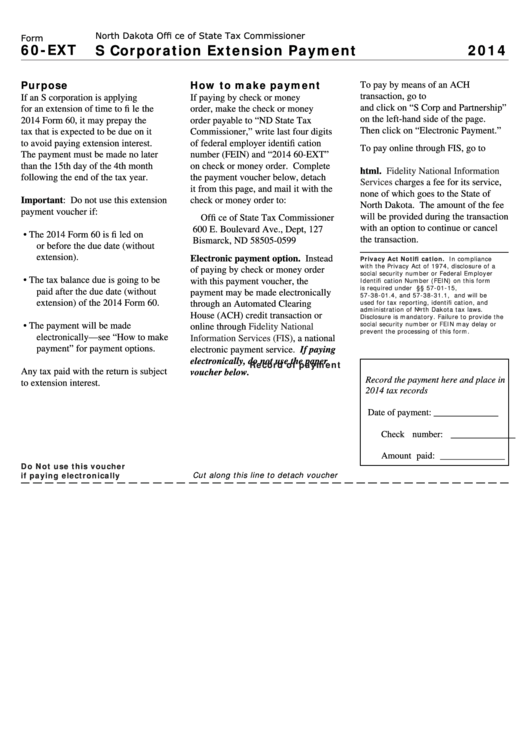 Form 60-Ext Instructions - S Corporation Extension Payment - 2014 Printable pdf