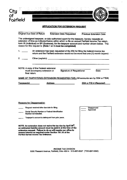 Application For Extension Request - City Of Fairfield Printable pdf