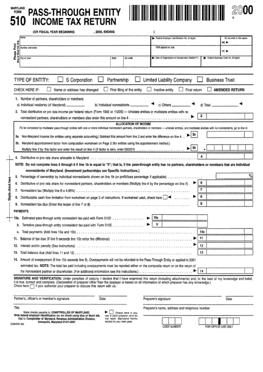 Form 510 - Pass-Through Entity Income Tax Return - 2000 printable pdf ...