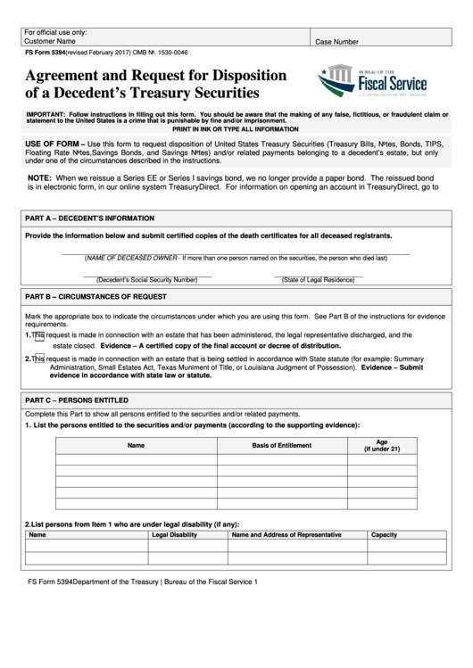 Fillable Form 5394 - Agreement And Request For Disposition Of A Decedent