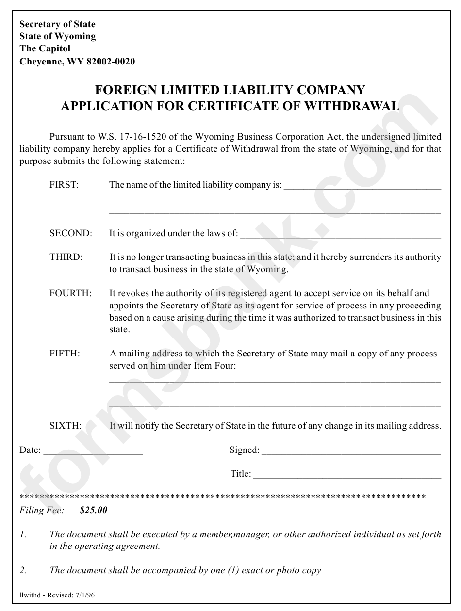 Form Foreign Limited Liability Company Application For Certificate Of Withdrawal