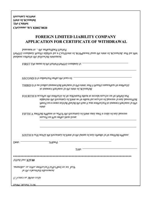 Form Foreign Limited Liability Company Application For Certificate Of Withdrawal Printable pdf