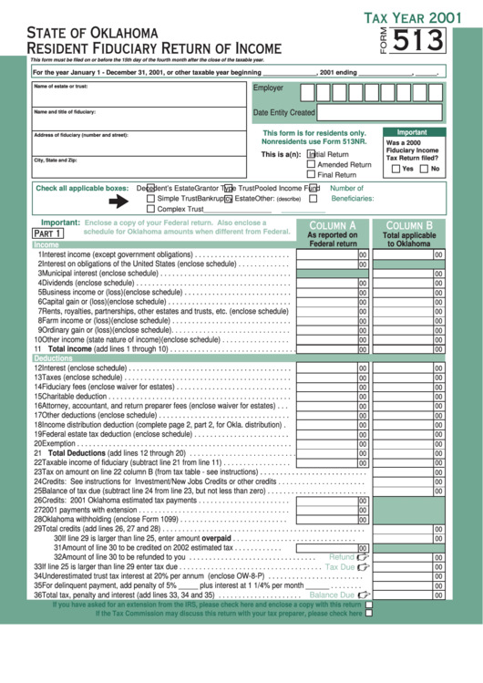 Form 513 - State Of Oklahoma Resident Fiduciary Return Of Income - 2001 Printable pdf