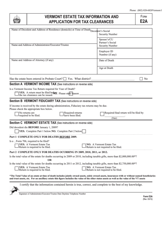 Form E2a - Vermont Estate Tax Information And Application For Tax Clearances Printable pdf