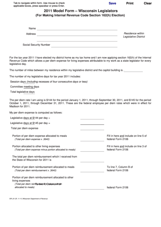 Fillable Form Spl-01 - Model Form - Wisconsin Legislators (For Making Internal Revenue Code Section 162(H) Election) - 2011 Printable pdf
