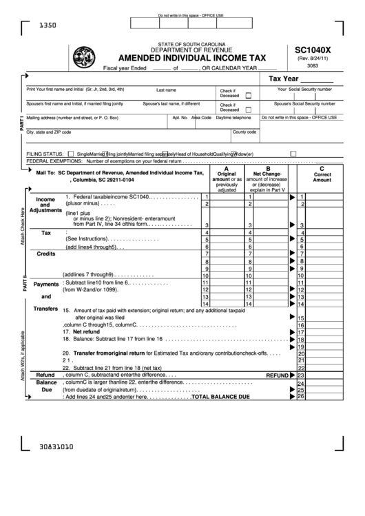 Form Sc1040x - Amended Individual Income Tax Printable pdf