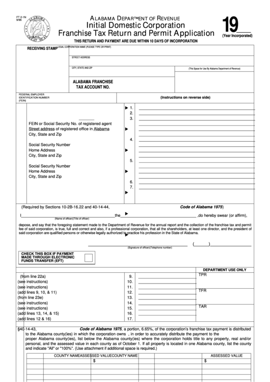 Form Ft 2-1n - Initial Domestic Corporation Franchise Tax Return And Permit Application Printable pdf