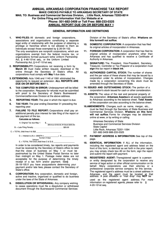 Annual Arkansas Corporation Franchise Tax Report General Information