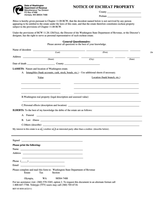 Notice Of Escheat Property Form Printable pdf