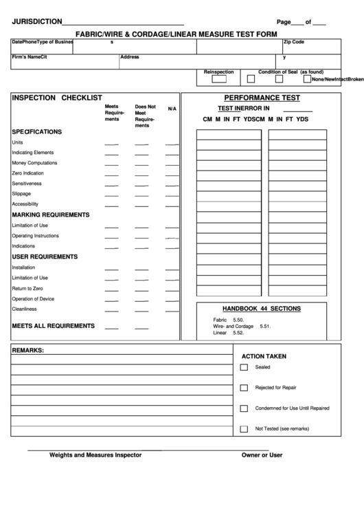 Fabric/wire & Cordage/linear Measure Test Form Printable pdf
