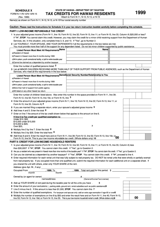 Form N-11/n-12/n-13/n-15 - Tax Credits For Hawaii Residents - 1999 Printable pdf