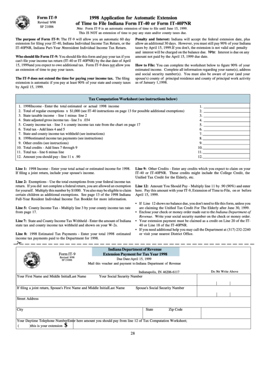 Fillable Form It-9 - Application For Automatic Extension Of Time To File Indiana Form It-40 Or Form It-40pnr - 1998 Printable pdf