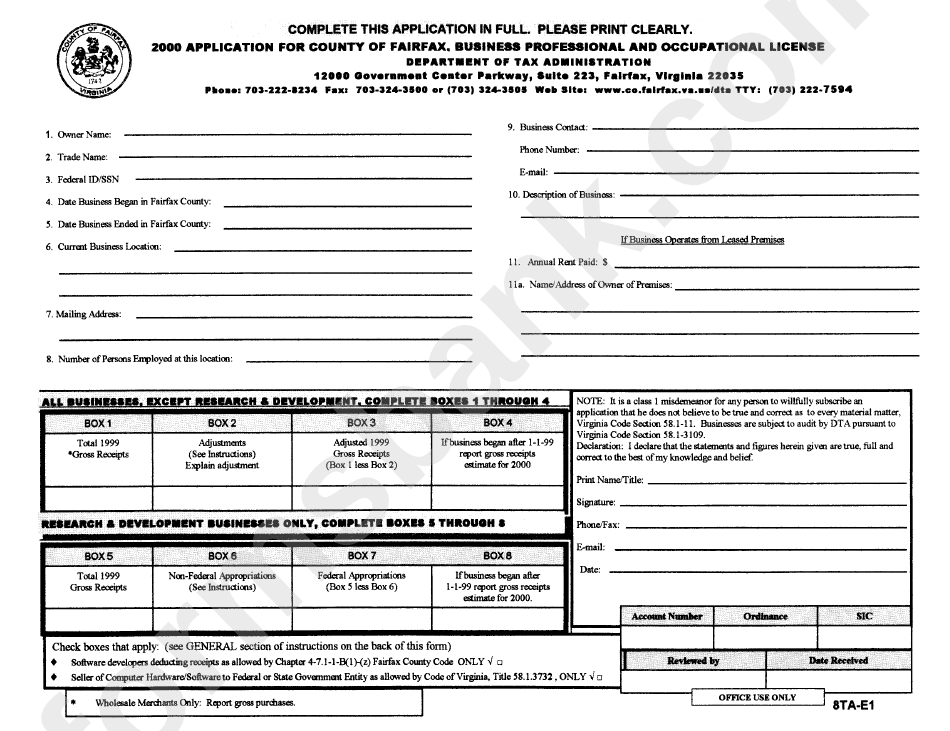 Form 8ta-E1 - Application For County Of Fairfax, Business Professional And Occupational License - 2000