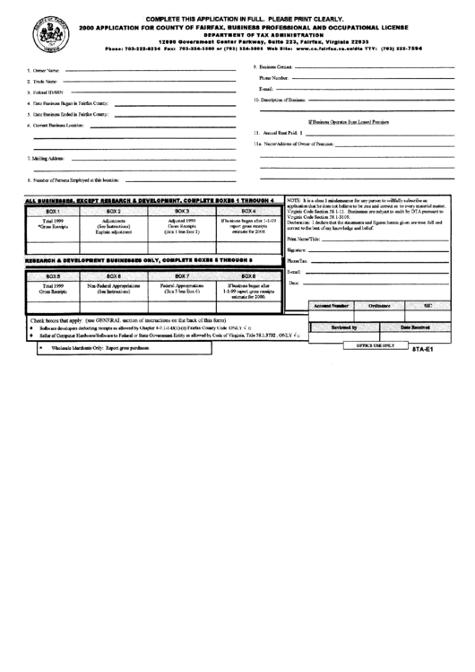 Form 8ta-E1 - Application For County Of Fairfax, Business Professional And Occupational License - 2000 Printable pdf