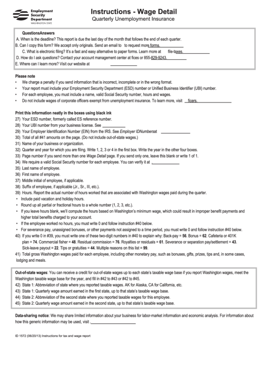 Instructions For Tax And Wage Report - Quarterly Unemployment Insurance Printable pdf