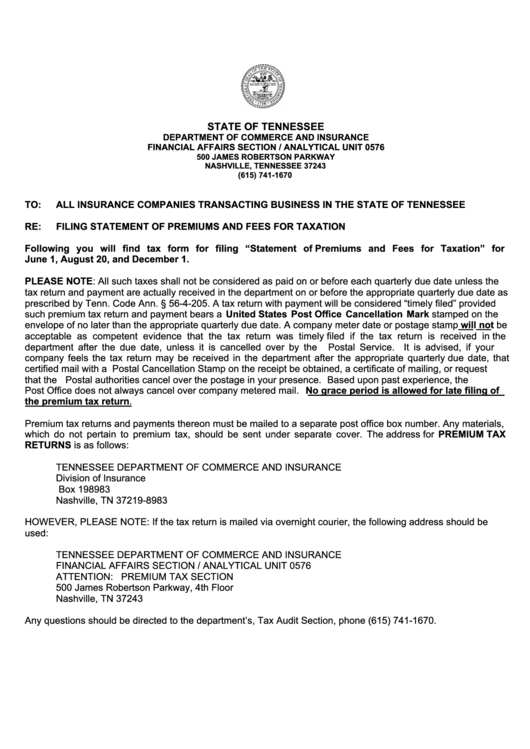 Form In-0578 - Statement Of Premiums And Fees For Taxation - Companies Other Than Life - Tennessee Department Of Commerce And Insurance - 2002 Printable pdf