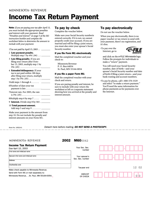 Form M60 - Income Tax Return Payment - Minnesota Department Of Revenue - 2002 Printable pdf