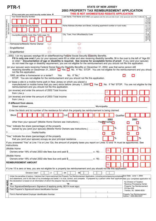 Fillable Form Ptr-1 - Property Tax Reimbursement Application - State Of New Jersey - 2003 Printable pdf