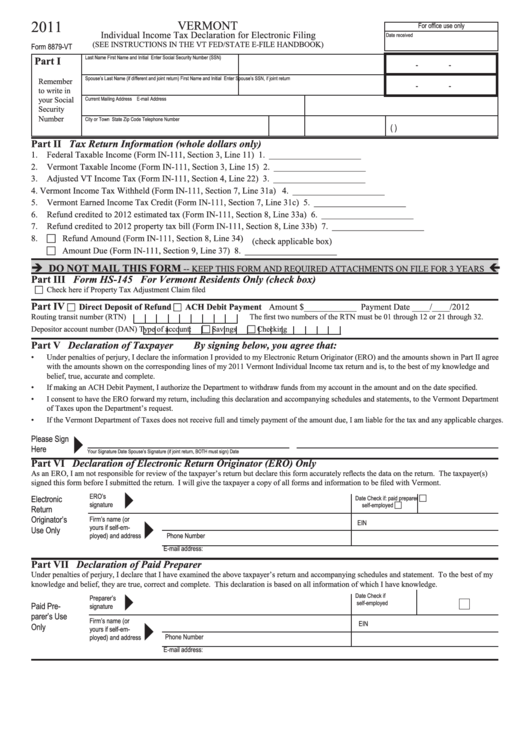 Form 8879-Vt - Vermont Individual Income Tax Declaration For Electronic Filing - 2011 Printable pdf