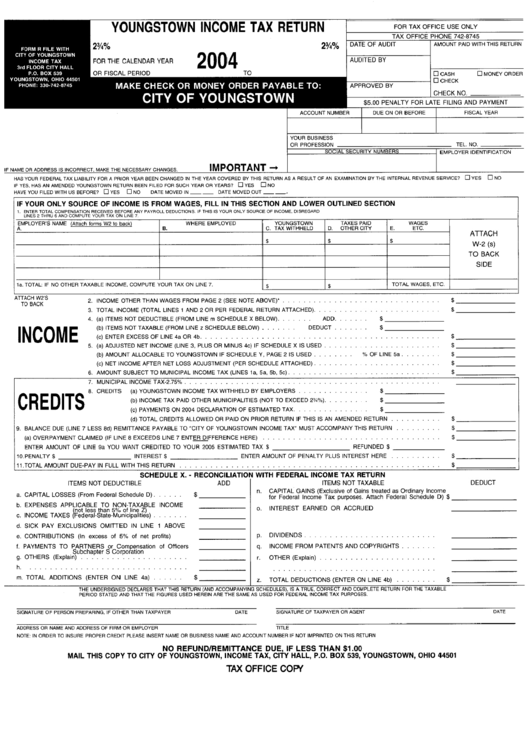 Youngstown Income Tax Return - State Of Ohio - 2004 Printable pdf