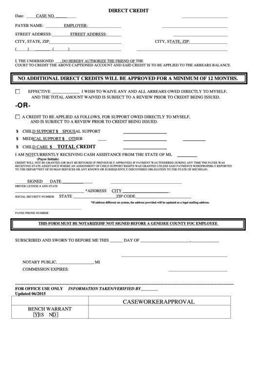 Direct Credit Form - State Of Michigan Printable pdf