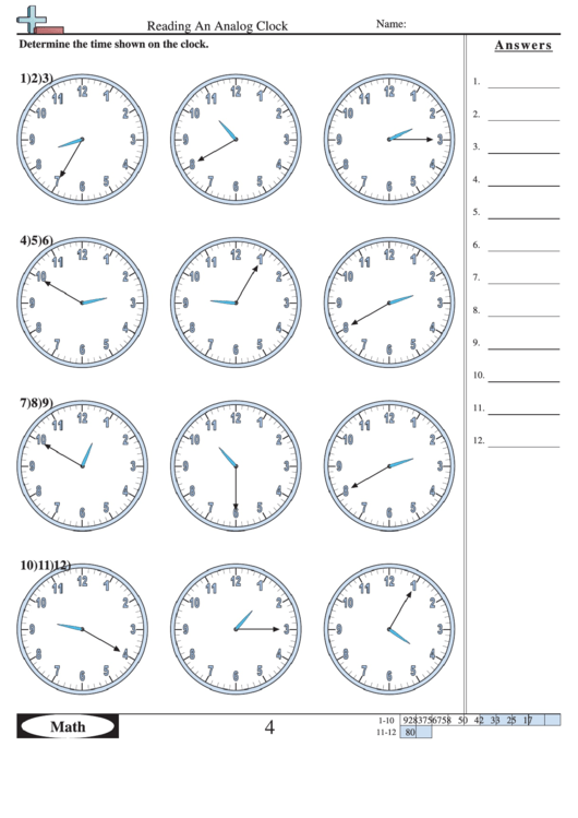 Reading An Analog Clock - Measurement Worksheet With Answers Printable pdf