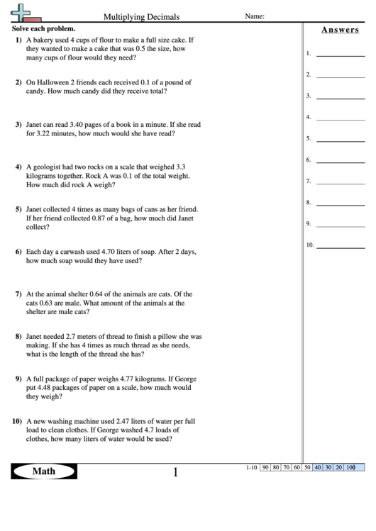 Multiplying Decimals - Multiplication Worksheet With Answers Printable pdf