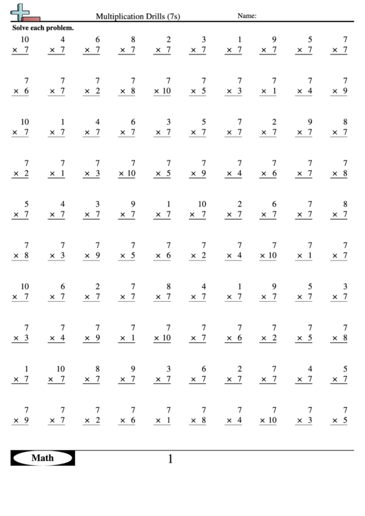 Multiplication Drills (7s) Multiplication Worksheet With Answers