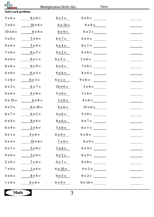 Multiplication Drills (6s) - Multiplication Worksheet With Answers Printable pdf