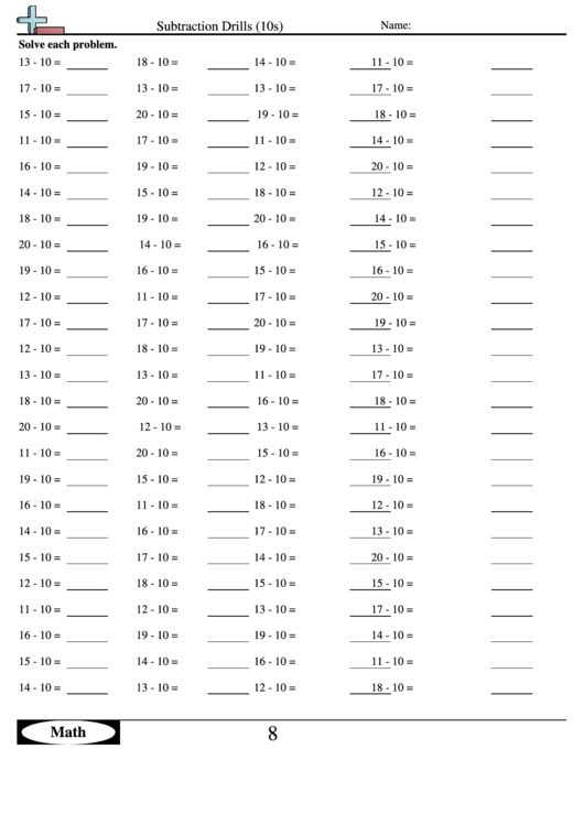 Subtraction Drills (10s) - Subtraction Worksheet With Answers Printable pdf