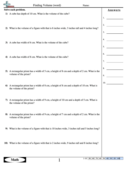 Finding Volume Word Volume Worksheet With Answers Printable Pdf 