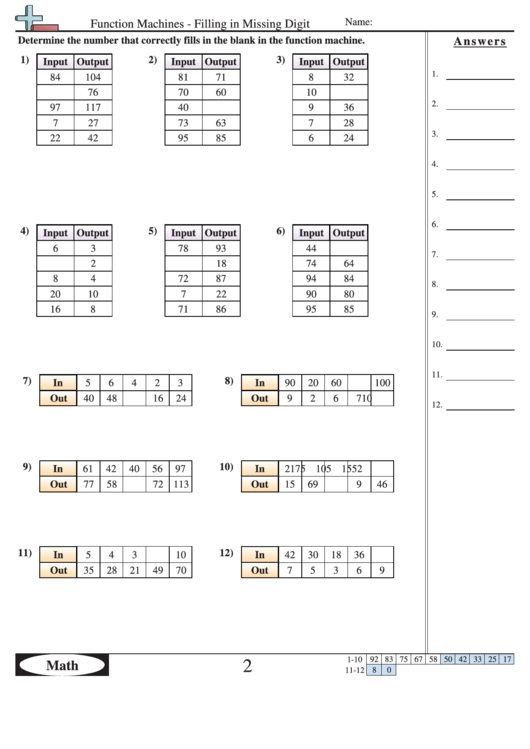Function Machines - Filling In Missing Digit - Function Worksheet With Answers Printable pdf