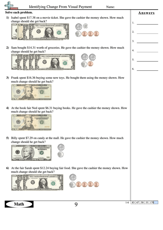 Identifying Change From Visual Payment - Math Worksheet With Answers Printable pdf