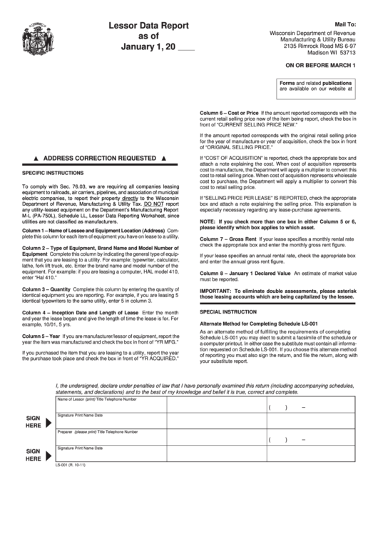 Form Ls-001 - Lessor Data Report - Wisconsin Department Of Revenue Printable pdf