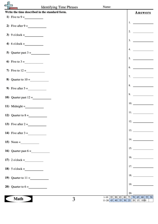 Identifying Time Phrases - Measurement Worksheet With Answers Printable pdf