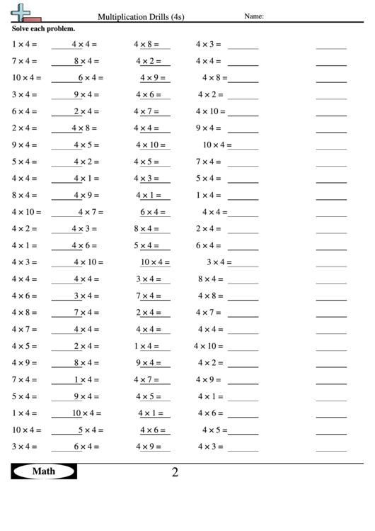 Multiplication Drills (4s) - Multiplication Worksheet With Answers