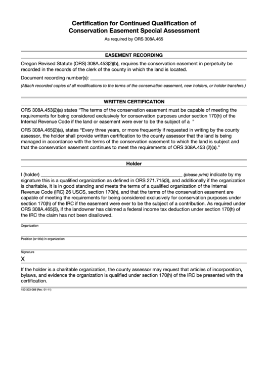 Fillable Form 150-303-089 - Certification For Continued Qualification Of Conservation Easement Special Assessment Printable pdf