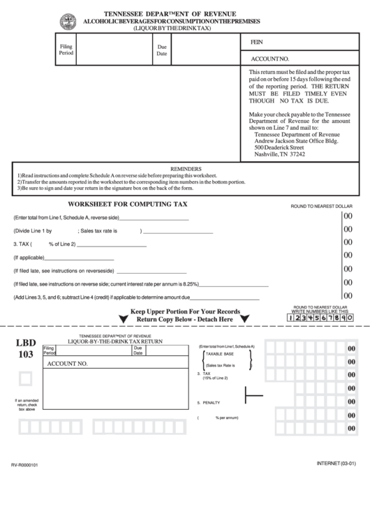 Fillable Form Lbd 103 - Liquor-By-The-Drink Tax Return Printable pdf